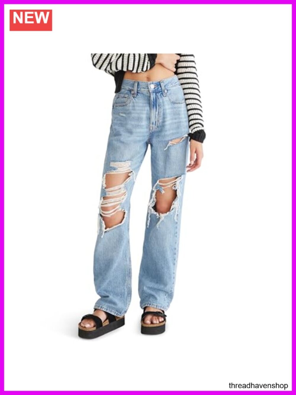High Rise Loose Fit Straight Leg Ripped Jeans Women's Recycled Cotton Denim 90s
